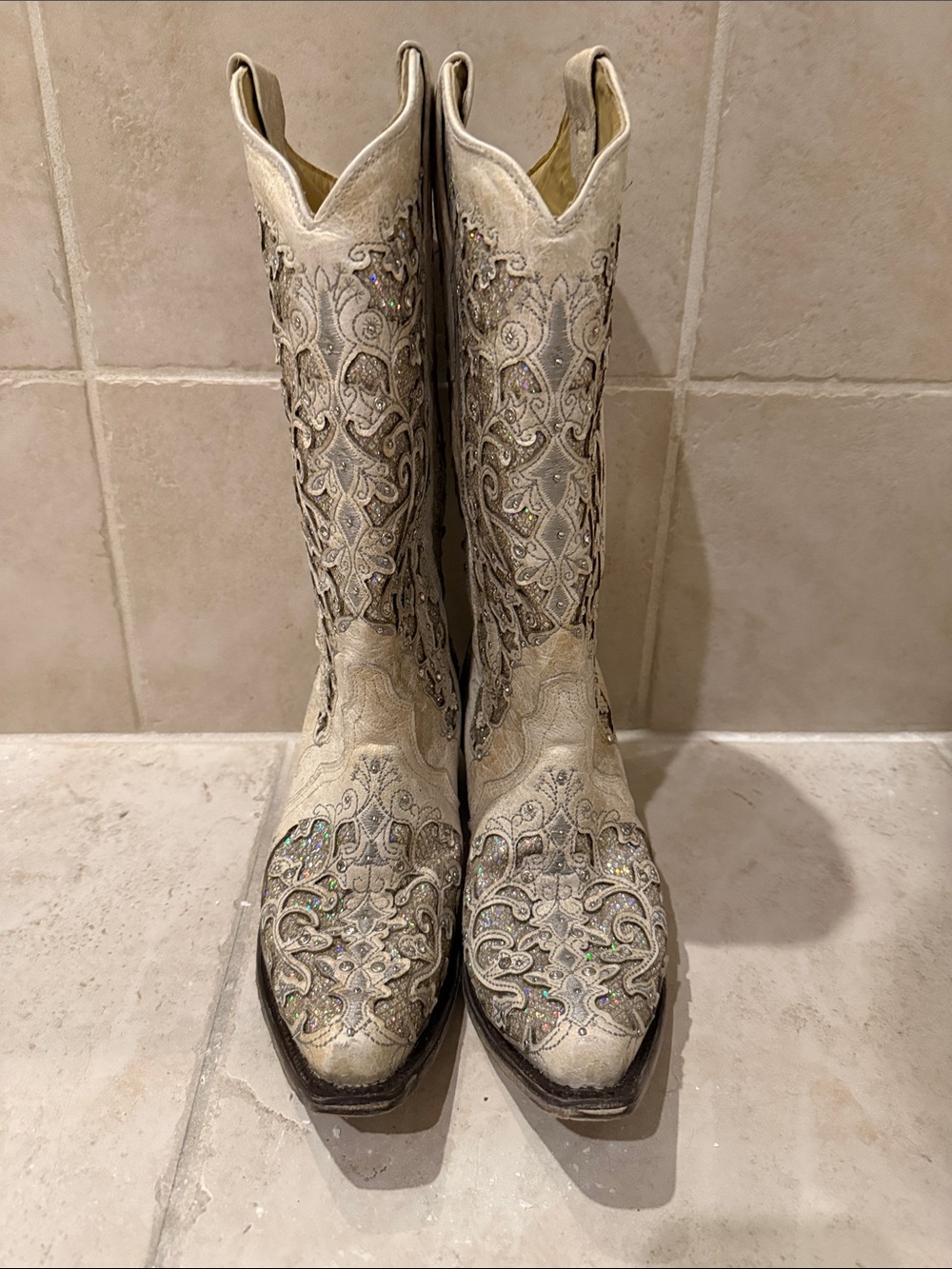 Corral  Ivory Western Cowboy Boots with Embellished Upper